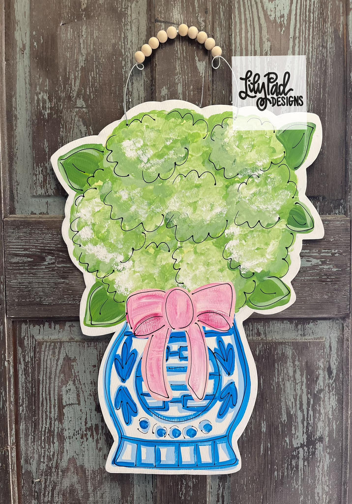 Green hydrangeas /pink bow - Door Hanger