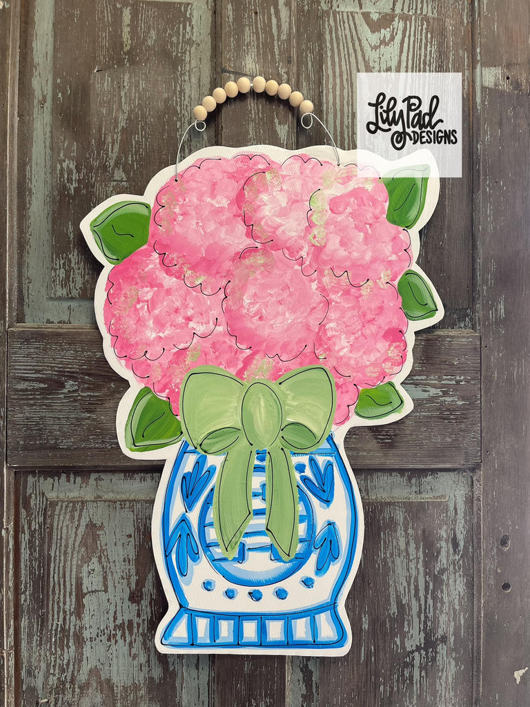 Pink hydrangea/green bow - Door Hanger