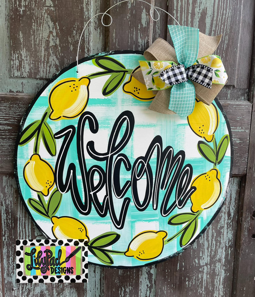 Aqua plaid lemon round - Door Hanger