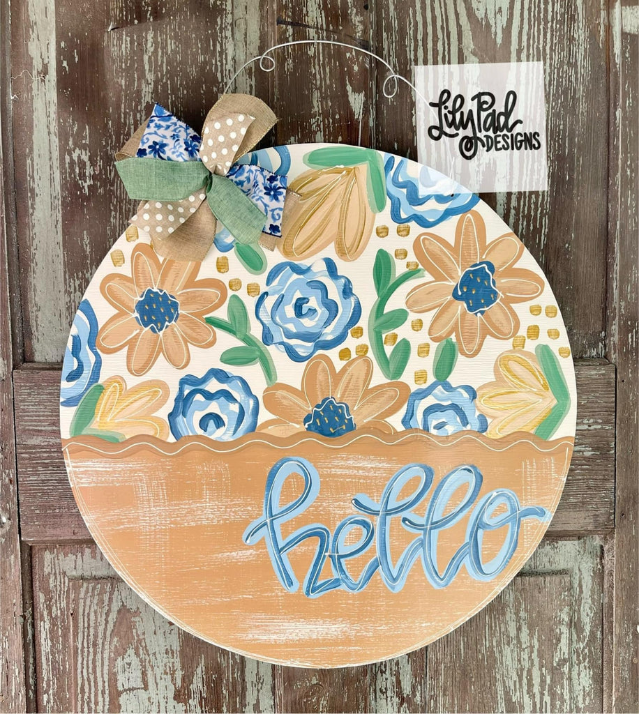 Blue/khaki hello floral round - Door Hanger