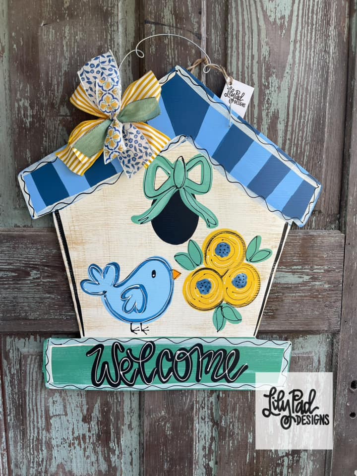 Blue/yellow/green birdhouse - Door Hanger