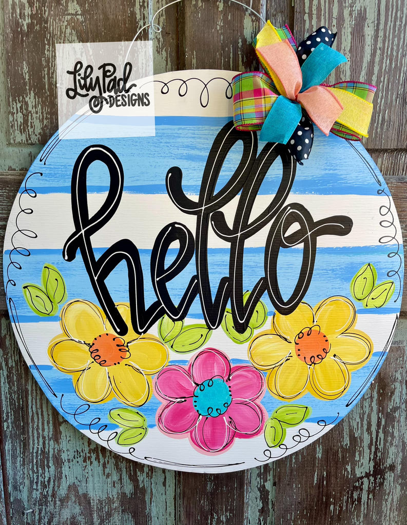 Blue cotton stripes and flowers - Door Hanger