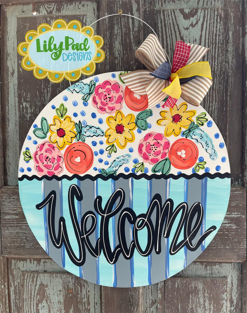 Denim stripes and floral - Door Hanger