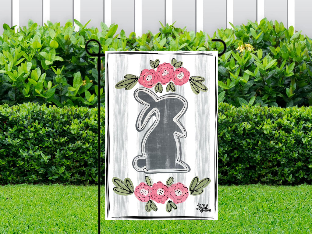 Gray bunny/pink flowers - Garden Flag