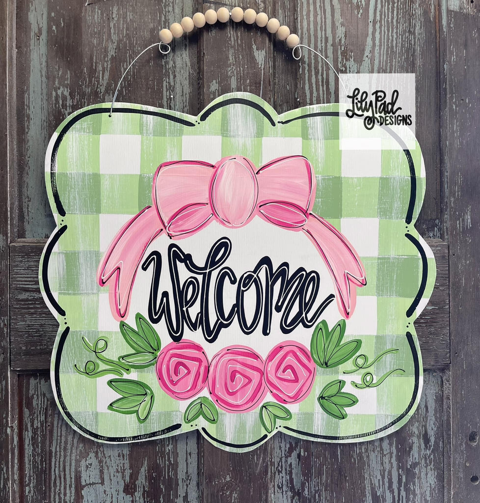 Green plaid plaque with bow and roses - Door Hanger