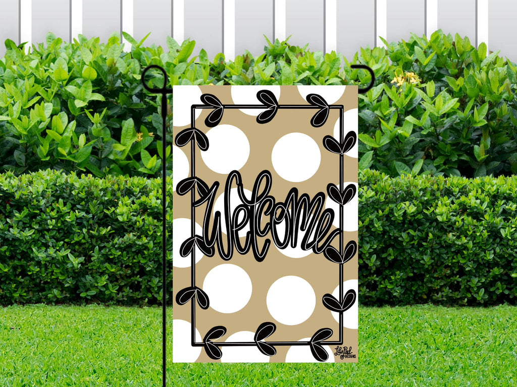 Khaki/white polka dot welcome - Garden Flag