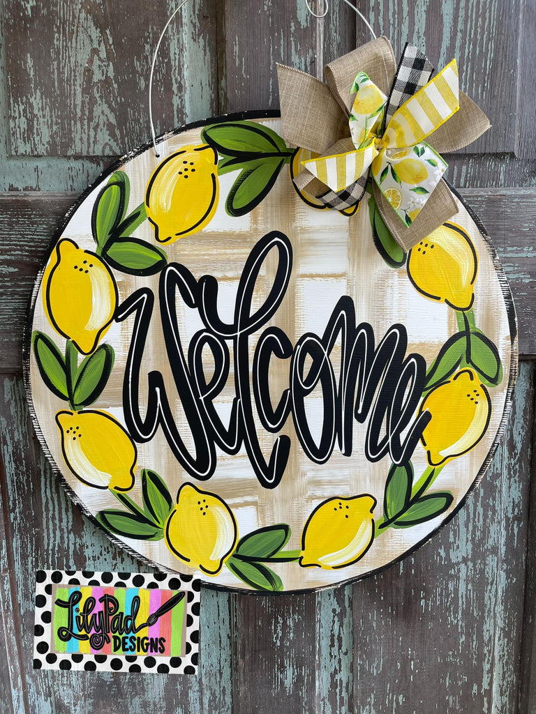 Khaki plaid lemon round - Door Hanger