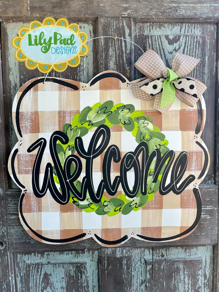 Khaki plaid rectangle with wreath - Door Hanger