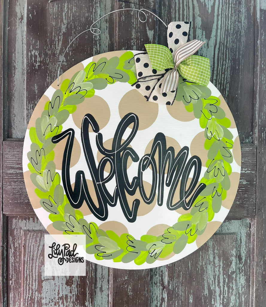 Khaki polka dot welcome round with wreath - Door Hanger