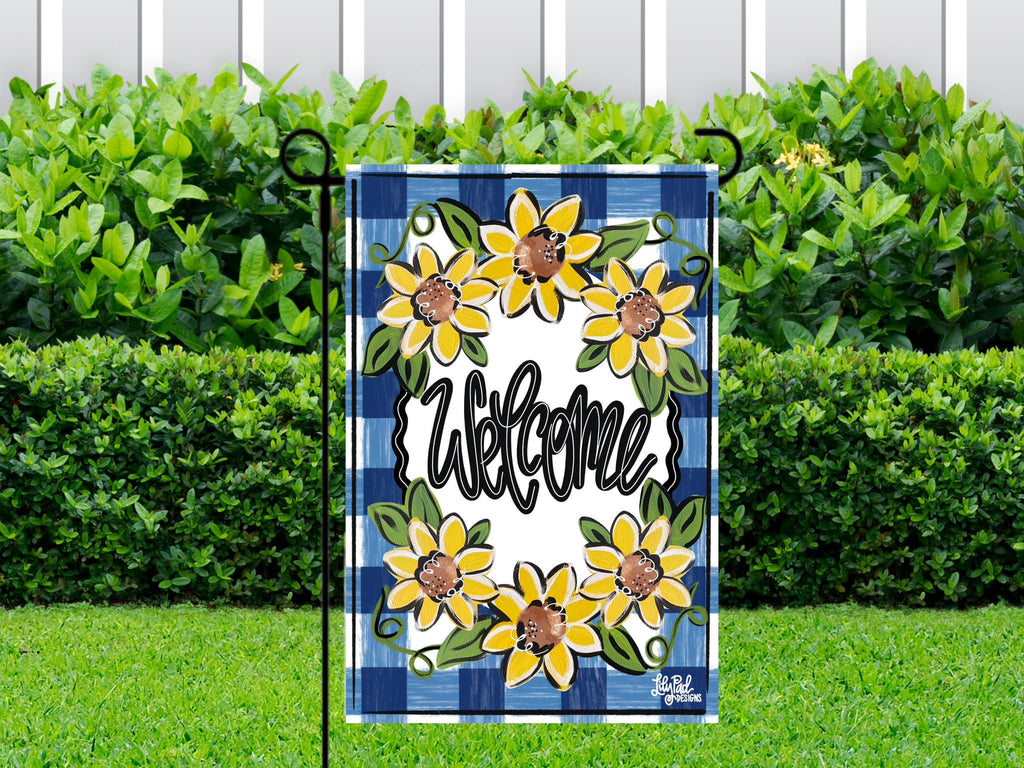 Navy plaid sunflowers - Garden Flag