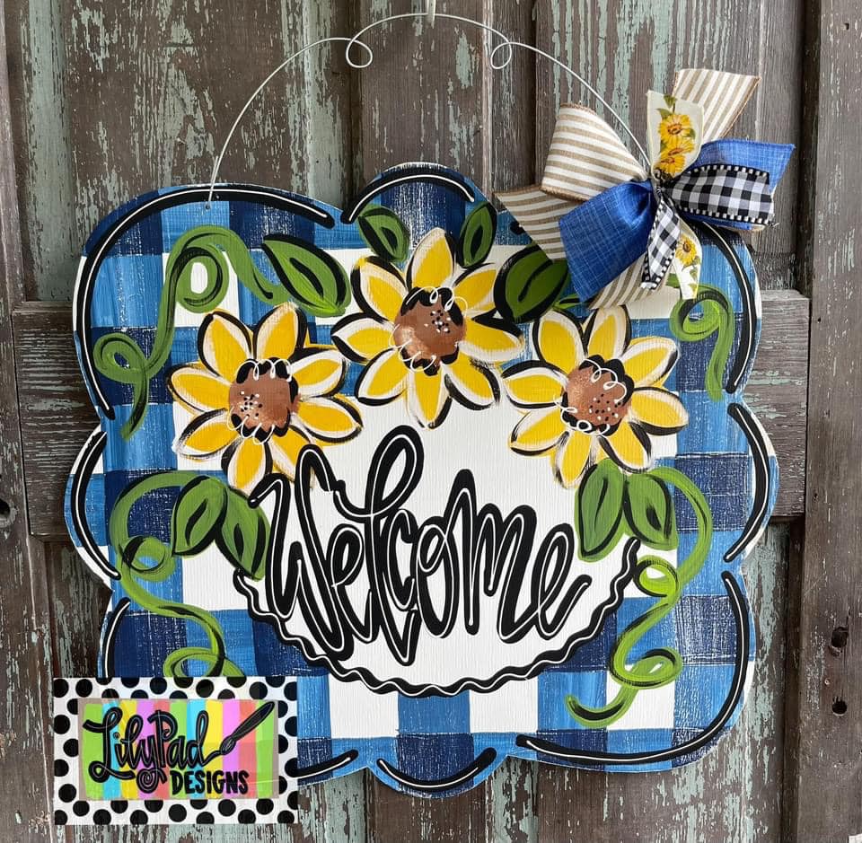 Navy plaid sunflowers scalloped rectangle - Door Hanger