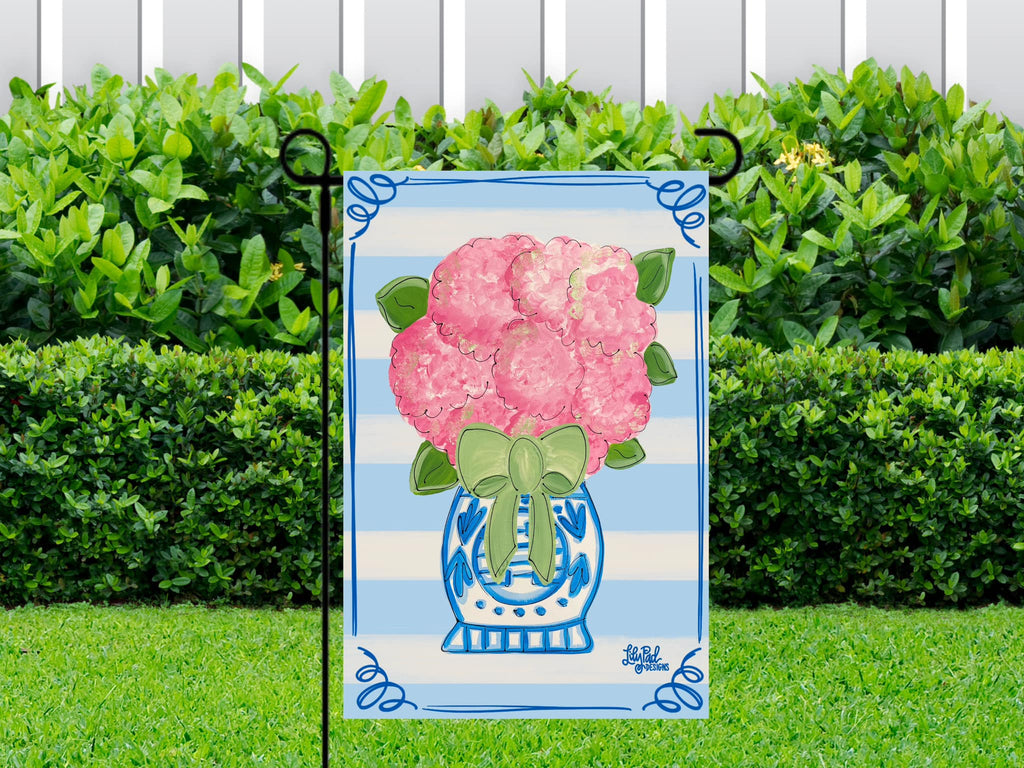 Pink Hydrangea with bow - Garden Flag