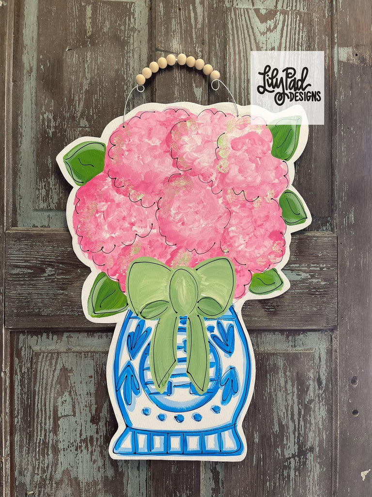 Pink hydrangea with bow - Door Hanger