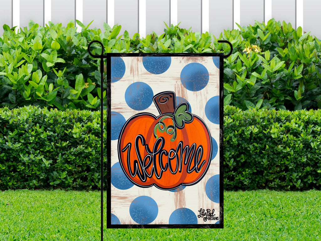 Welcome Pumpkin/Blue polka dot background - Garden Flag