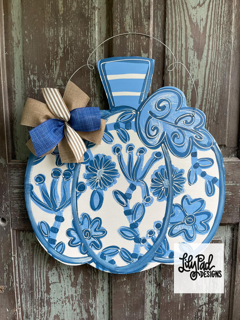 Blue floral pumpkin - Door Hanger